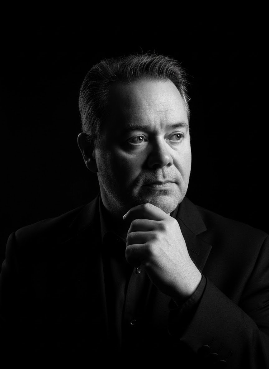 Black-and-white portrait of Scott Presley, hand to chin in a thoughtful pose against a dark background